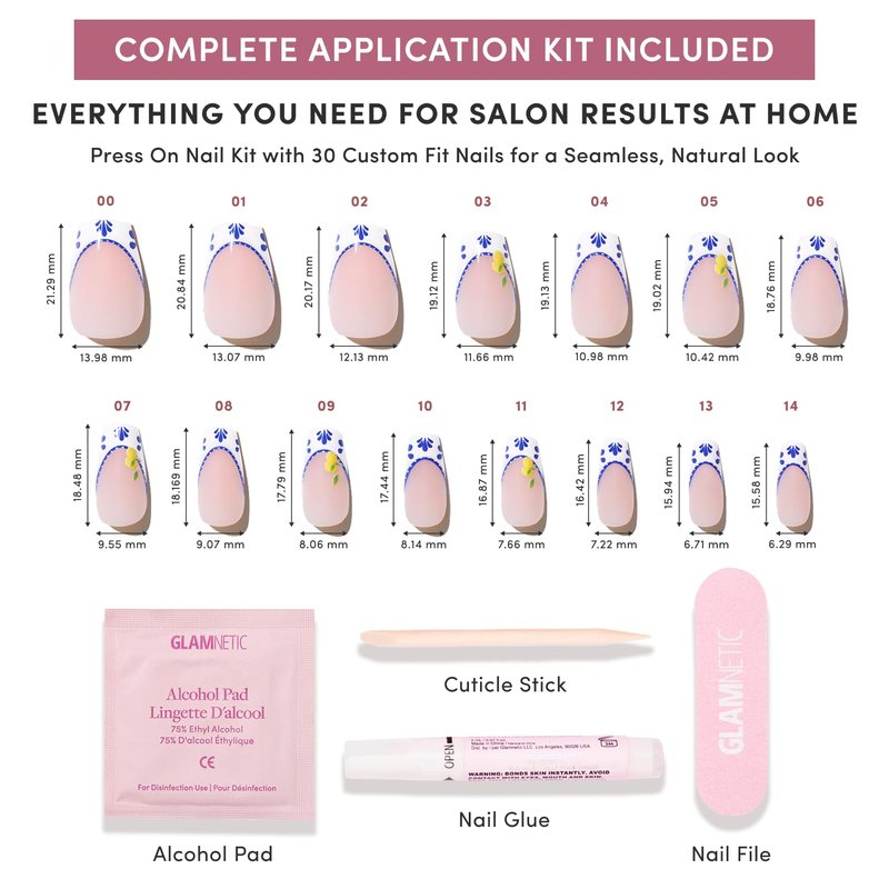 Glamnetic Press On Nails - Medium Coffin Fake Nails with Blue & White French Tips | Salon Quality Vacation Nails | Tuscan Twist | 15 Sizes - 30 Nail Kit with Glue