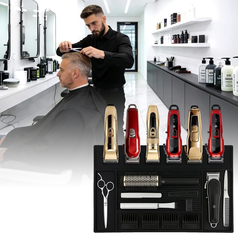 Magnetic Barber Mat - Tool Organizer with 6 Strong Magnets | Black Barber Station Accessory