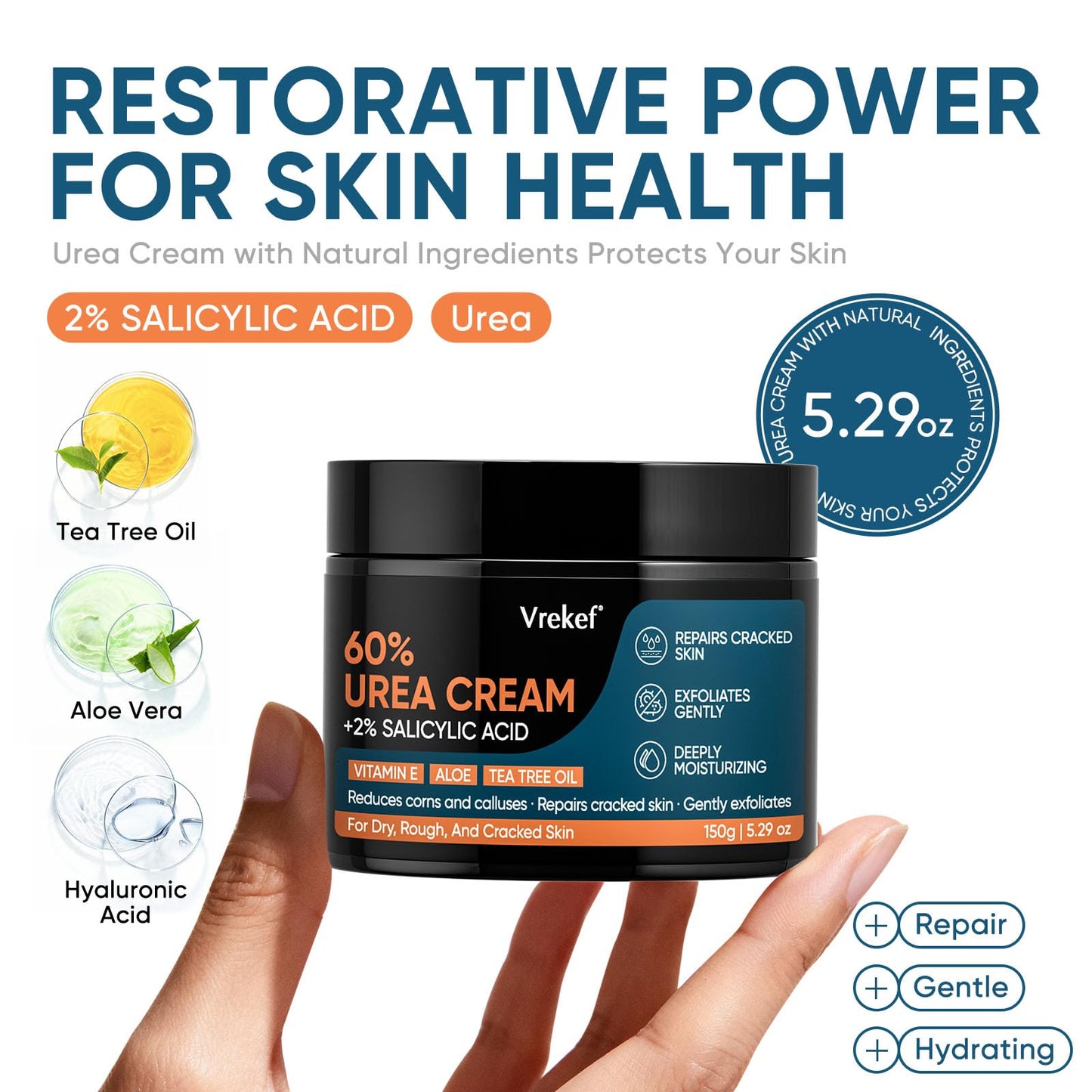 VREKEF Urea Cream 60% with 2% Salicylic Acid, Urea Cream 60 Percent for Feet Maximum Strength, Foot Cream & Callus Remover for Dry Cracked Heels, Rough Thick Skin, Deep Hydration, 5.29 oz