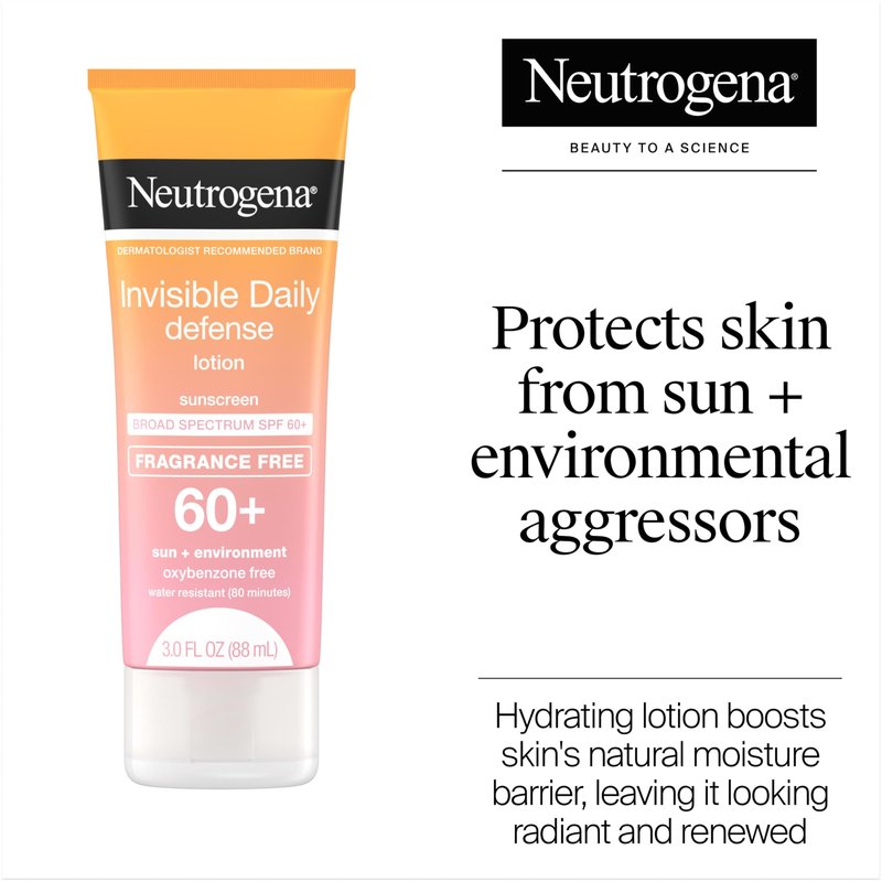 Neutrogena Invisible Daily Defense Fragrance-Free Sunscreen Lotion, Broad Spectrum SPF 60+, Oxybenzone-Free & Water-Resistant, Sun & Environmental Aggressor Protection, 3.0 fl. oz