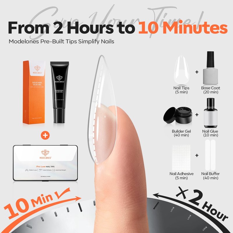 modelones Pro Luxe Instant Nail Apex Tips 15 Sizes, Medium Almond Extension Gel Tips Pre-building & Pre-etched Thicker Strength Acrylic Fake Nails Full Cover 120 Pcs