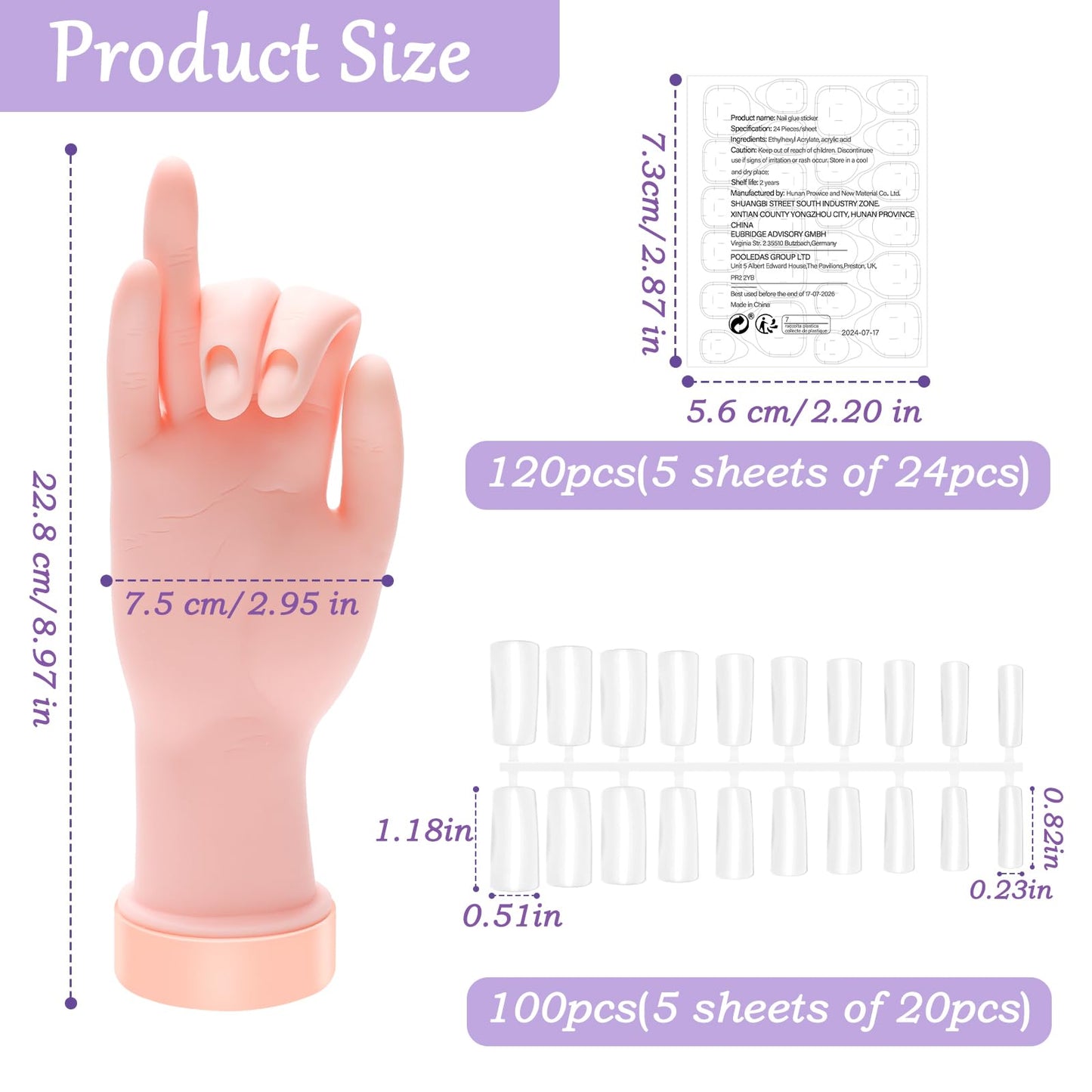Zhaoyao Practice Hand for Acrylic Nails, Nail Practice Hand with 100 Pcs Nail Tips 120 Pcs Double-side Jelly Glue Stickers Bendable Fake Hand Mannequin Hand for Nail Practice Manicure Beginners