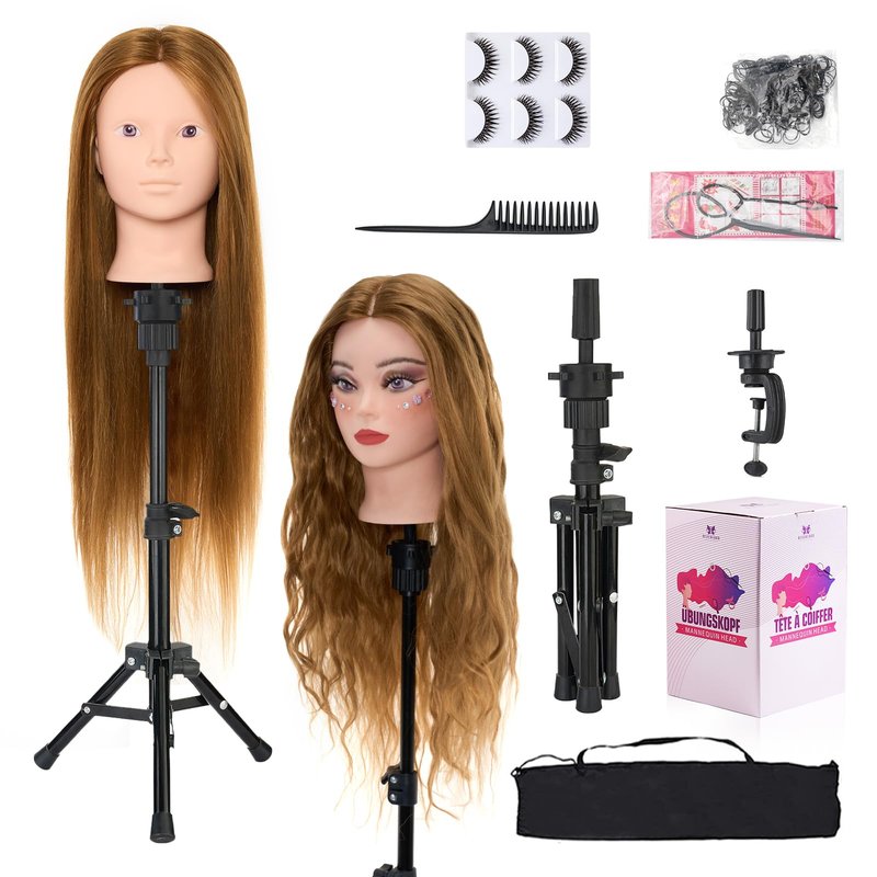 Mannequin Head 80% Human Hair with Tripod Stand,28 Inch Make up Cosmetology Manikin Practice Doll Head,Braiding Hairdressing Head with Table Clamp + DIY Hair Styling Set