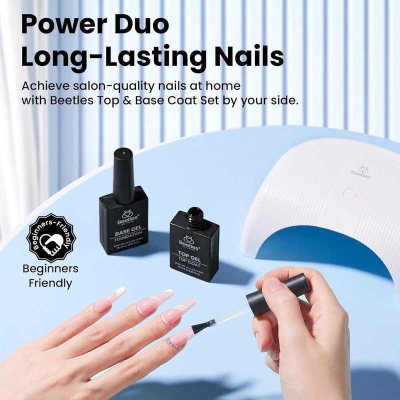 Beetles No Wipe Gel Top Coat & Base Coat Set - 2Pcs 15ml | Super Shiny, Long Lasting Nail Polish