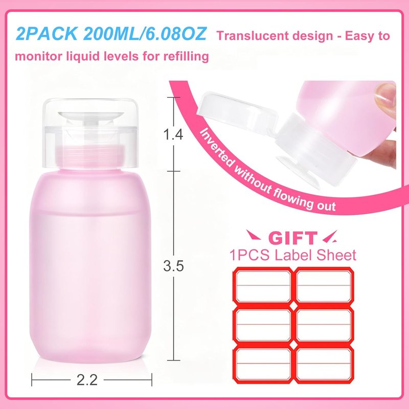 Acetone Pump Dispenser - Push Down Nail Polish Remover & Makeup Pump Bottle | 200ML (6.8oz) - 2 Pack