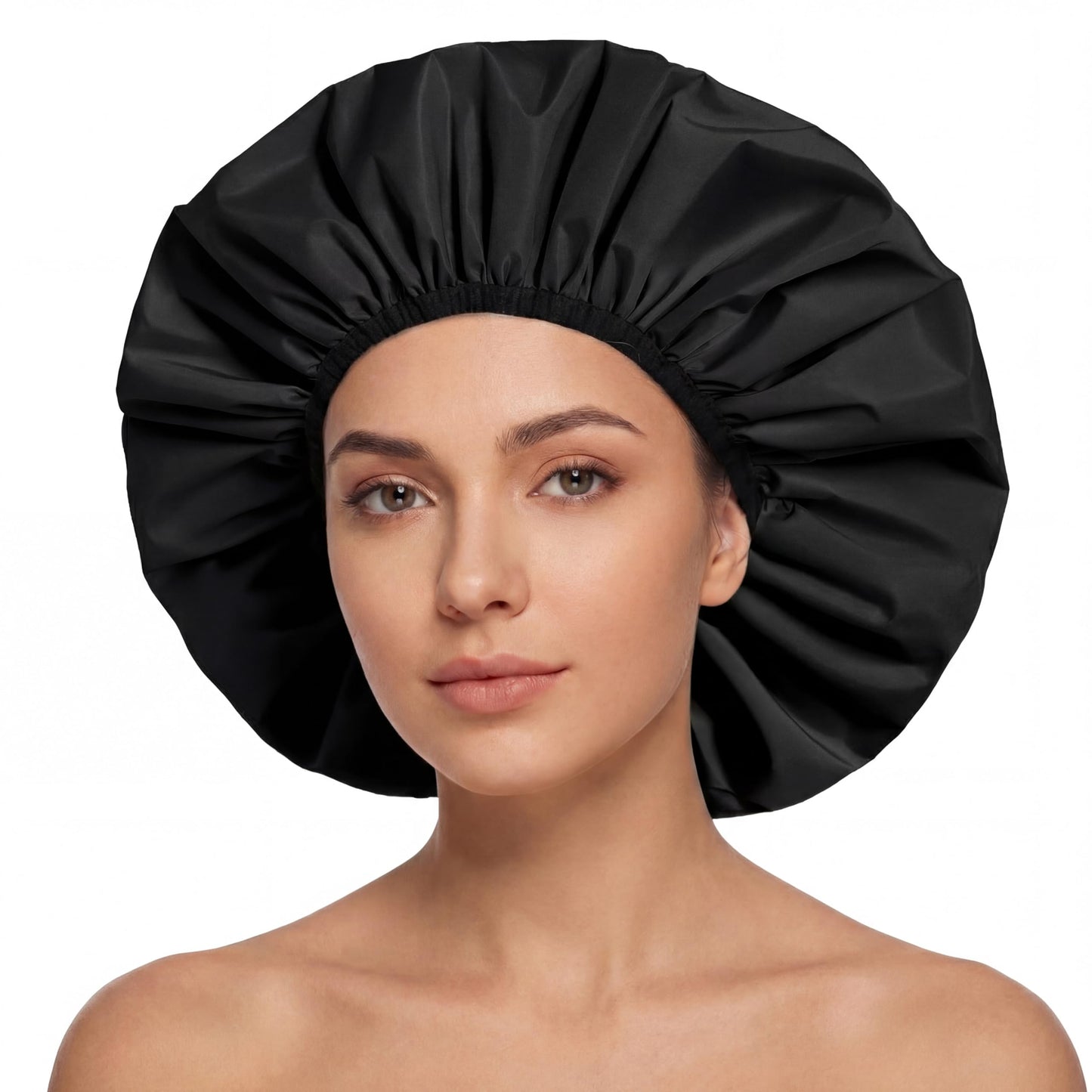 Extra Large Shower Cap for Women, Reusable Waterproof Shower Bonnet with Satin Lining, Double Layer Washable Bath Hair Cap for Braids, Locs, Long Thick Curly Hair, Natural Hair(Big Black)