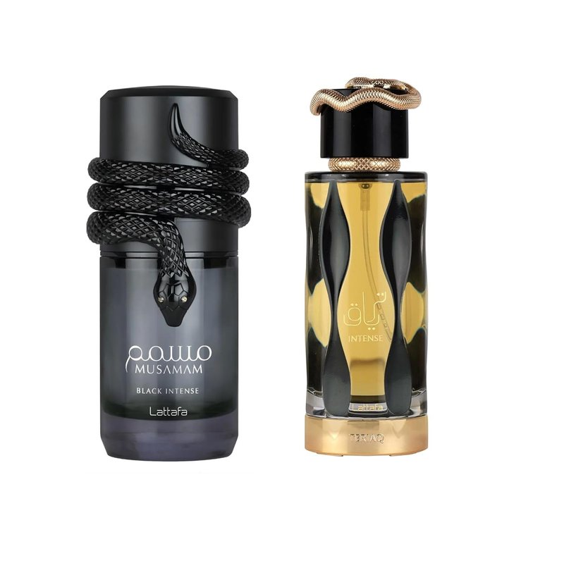 Lattafa Teriaq Intense & Musamam Black Intense Eau De Parfum Spray – Luxury Arabian Fragrance Duo for Men & Women – Long Lasting Bold & Woody Scent Set (100ml Each)