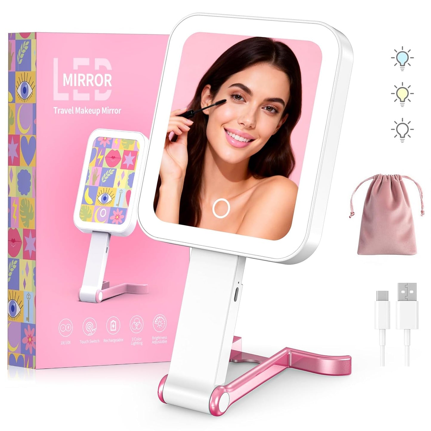 Skiennix Travel Makeup Mirror - 10X/1X Double-Sided LED Vanity Mirror with Rechargeable Battery & 3 Color Lighting