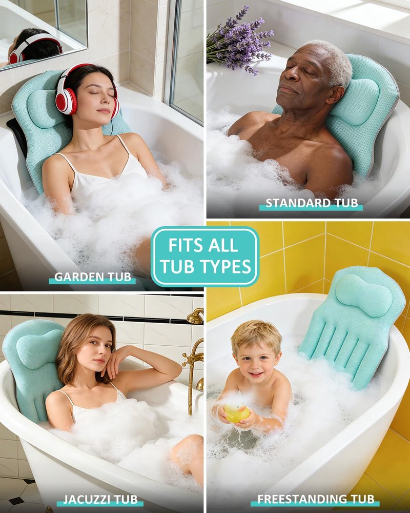 Full Body Bath Pillow for Bathtub, 5D Thick Tub Pillow for Bathtub with 192 Non-Slip Suction Cups, Laundry Bag & Hook, Bathtub Pillow for Head, Neck & Back Support (Green, 51"*15")