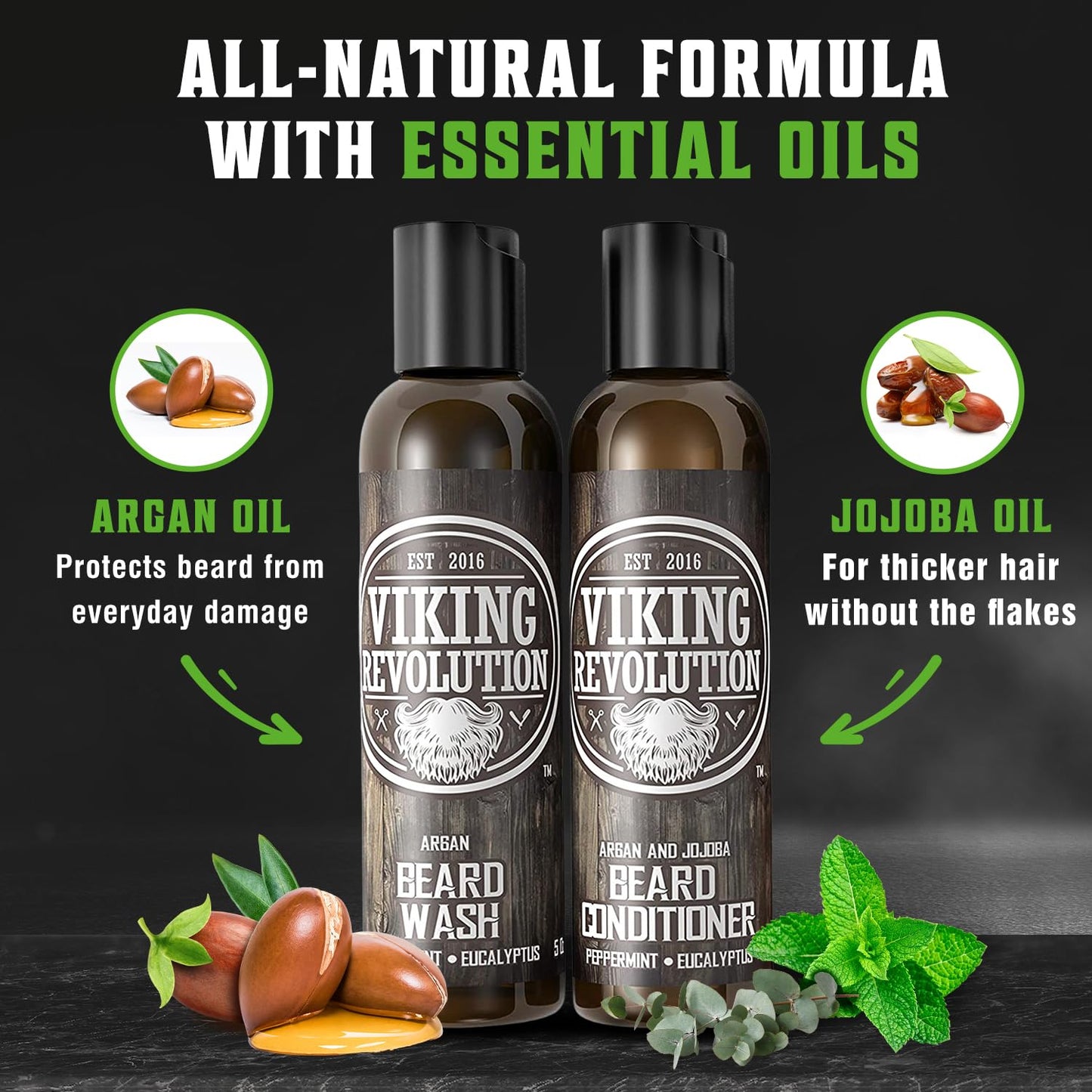 Viking Revolution Beard Care Set with Argan & Jojoba Oils - Softens, Smooths & Nourishes Facial Hair Growth - Peppermint and Eucalyptus Scented Wash & Conditioner (5 oz)