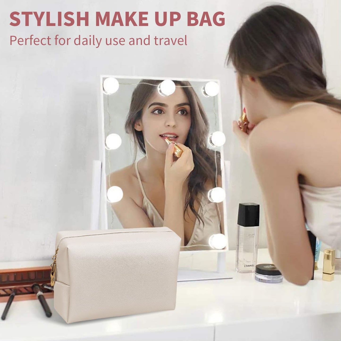 SMONT Makeup Bag for Women, PU Leather Cosmetic Pouch Skincare Make Up Beauty Bag Waterproof Beige