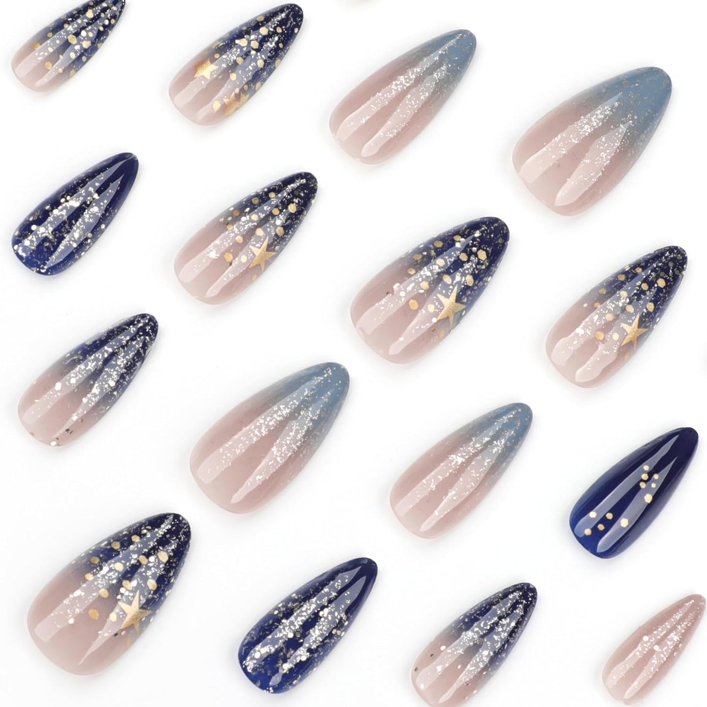 Skiennix Spring Fake Acrylic Press On Nails - Starry Sky Medium Almond, Glossy Reusable Design for Weddings & Parties | Perfect Gift for Women