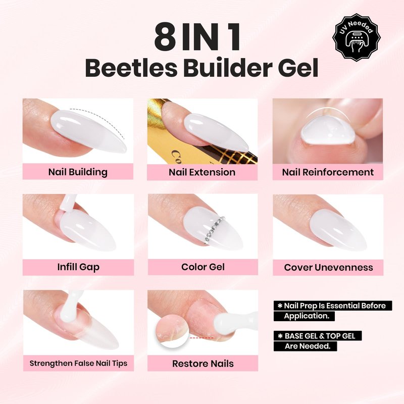 Beetles Builder Gel Nail Kit with Base and Top Coat 15ml – HEMA Free Milky White Builder Gel with Nail Art Liner Brush, Soak Off UV LED Gel for Nail Strengthening, Extension & Long Lasting Manicure
