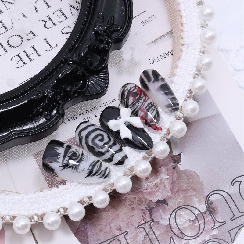 30Pcs Gothic Press on Nails Medium Almond Fake Nails Punk Cartoon Anime with Cute Bow Design Black White Full Cover Glue on Nails Horror Goth Designs Y2k False Nails for Women Acrylic Manicure Decor