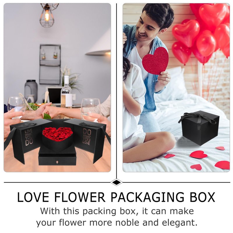 GLEAVI Heart Shaped Flowers with Square Lids Black - Hearts Floral Bouquet Packing Box Double Layer Arrangement Jewelry Paper Cardboard Treat Box for Girlfriend Wife Mom