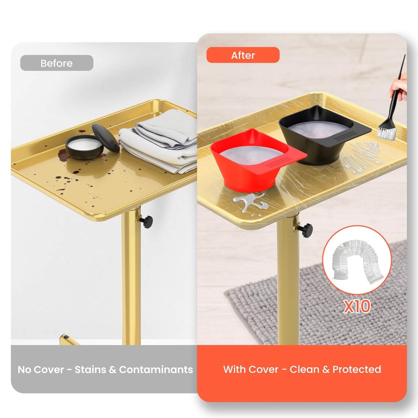 TASALON Rolling Salon Cart with Adjustable Height, Rolling Tray Trolley for Salon Essentials, Mobile Trolley with Wheels and 2 Magnetic Dye Bowls, 10 PCS Disposable Salon Tray Cover, Gold Metal