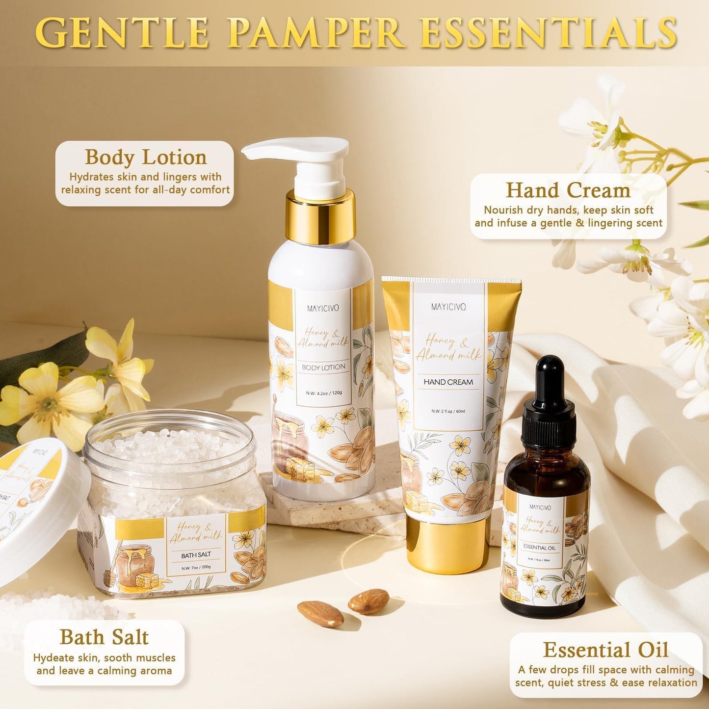 Mothers Day Birthday Gifts for Women, Honey & Almond Milk Relaxing Spa Gift Baskets for Women Self Care Package Bath Gift Set, Home Bath and Body Kit Pamper Gifts for Womens Her Mom Friends Sister