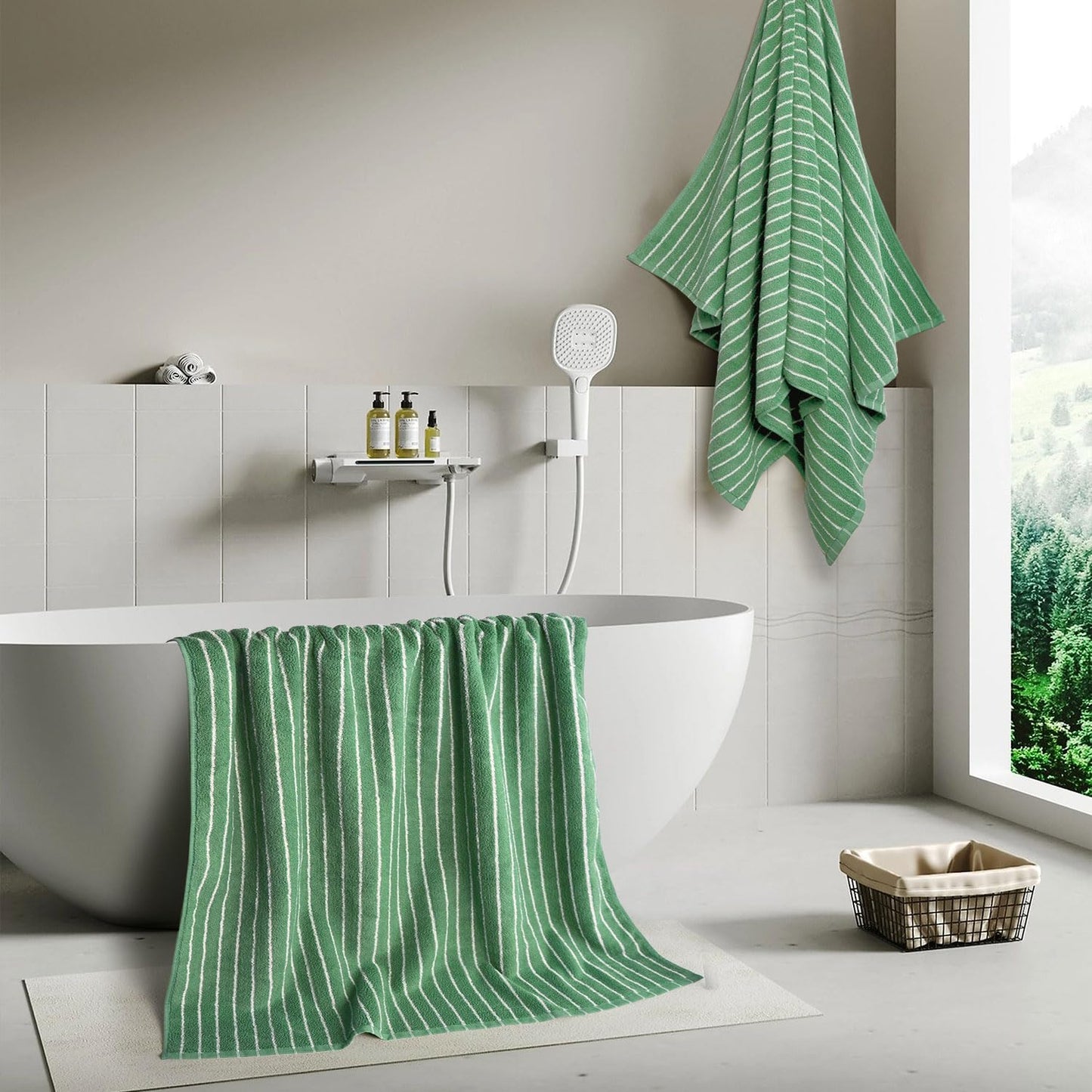 Jacquotha Bath Towels 2 Pack, Lighter & Quick Dry Towels Large 27.5 x 55 inches, Luxury Terry Cotton Towels for Bathroom Beach Swim, Forest Green & White Striped