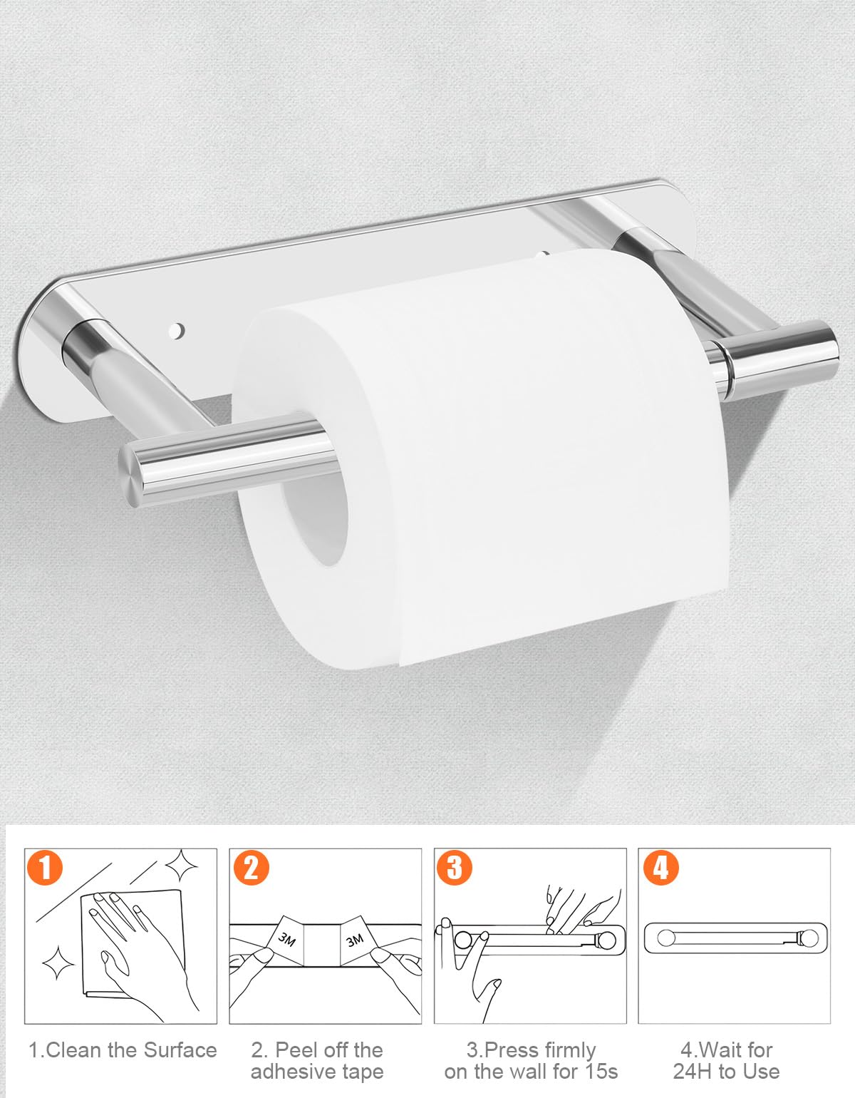 YUET Toilet Roll Holder, Self Adhesive or Screw In Wall Mounted Options, Double Post Pivoting Tissue Roll Holder, Stainless Steel Rustproof Stick On No Drilling Wall Mount for Bathroom Poilshed Chrome