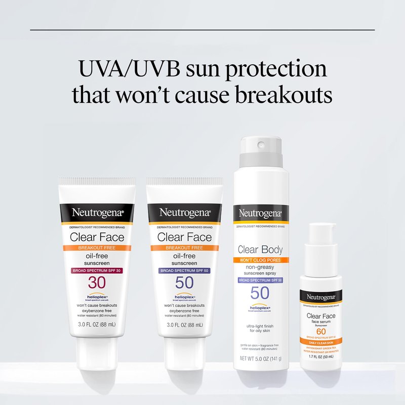 Neutrogena Clear Face Sunscreen Lotion for Acne-Prone Skin, Broad Spectrum SPF 50, Sunscreen for Face & Oily Skin, Oil-,Fragrance- & Oxybenzone-Free, Water Resistant, Matte, Unscented, 3 Fl Oz
