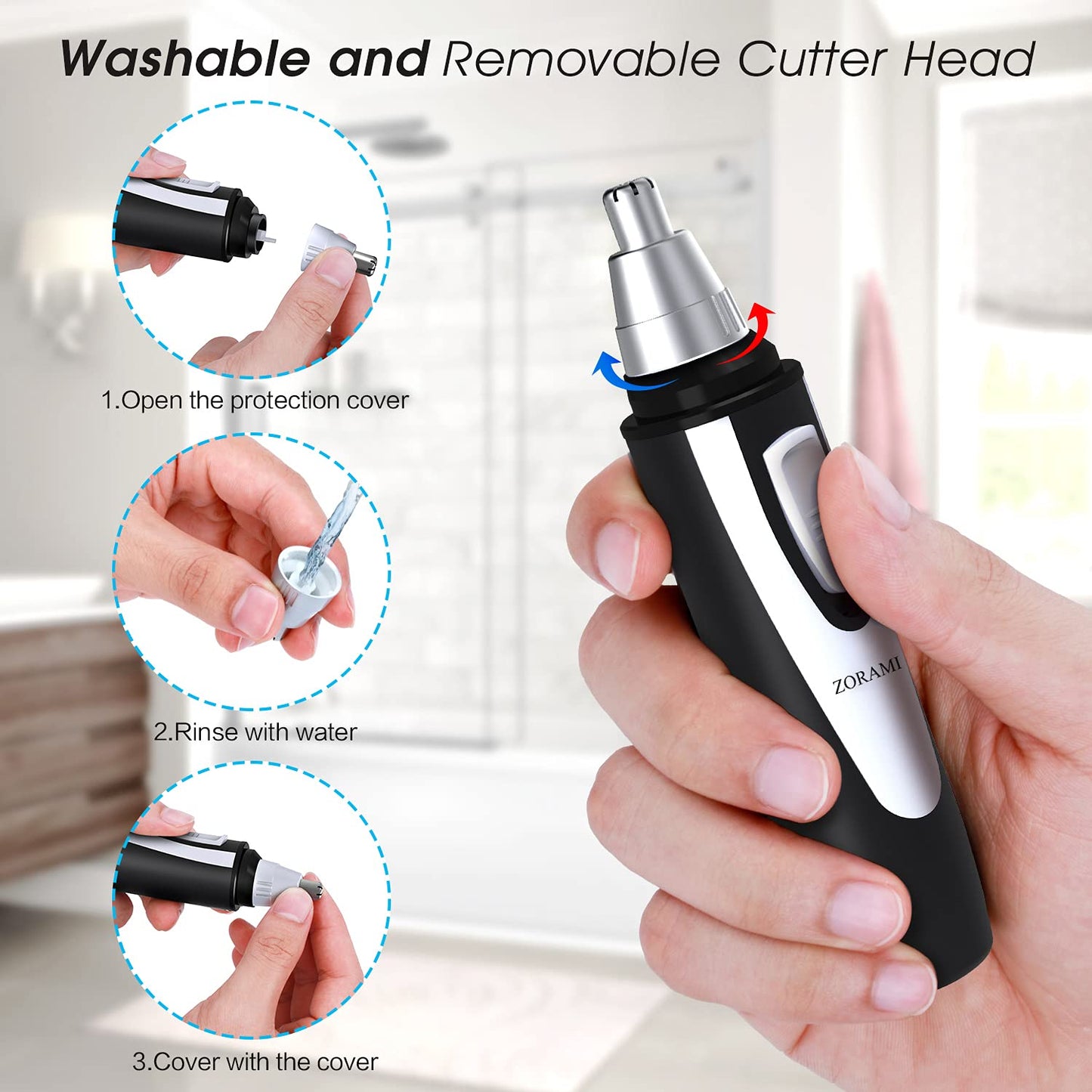 ZORAMI Ear and Nose Hair Trimmer Clipper - 2026 Professional Painless Eyebrow & Facial Hair Trimmer for Men Women, Battery-Operated Trimmer with IPX7 Waterproof, Dual Edge Blades for Easy Cleansing