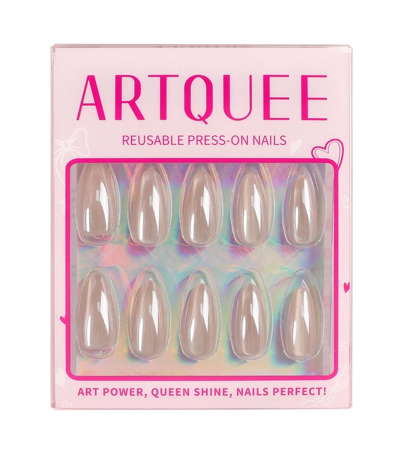 Press On Nails - Medium Length Aurora Cat Eye Shine Almond Tips | Pink Glossy Reusable Fake Nails Kit - 30 Pcs, 15 Sizes