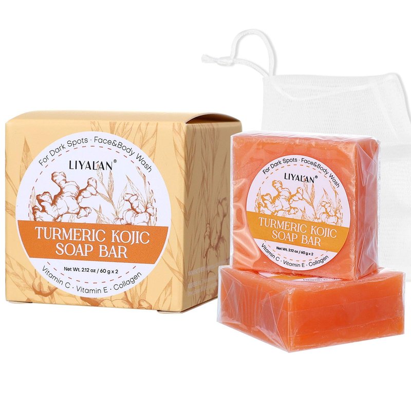 LIYALAN Turmeric Kojic Acid Soap Bar Dark Spot Remover for Face Body, Smooth Skin, Deep Cleansing, Natural Vegan Handmade Soap with Sensitive Skin Formula 2.12 oz x 2 Bars
