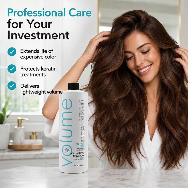 KERAGEN Sulfate-Free Volumizing Shampoo – Daily Structural Fortifier | Keratin and Collagen Protein Blend | 32 Oz