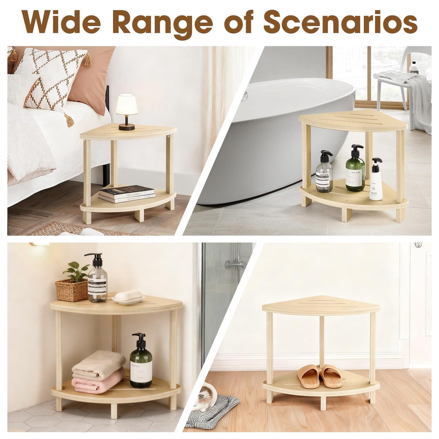 SweetBin Corner Shower Stool for Inside Shower, 17in Shower Foot Rest for Shaving Legs with Storage Shelf 2-Tier, Waterproof Bath Stool Bench for Small Spaces Bathroom Seat
