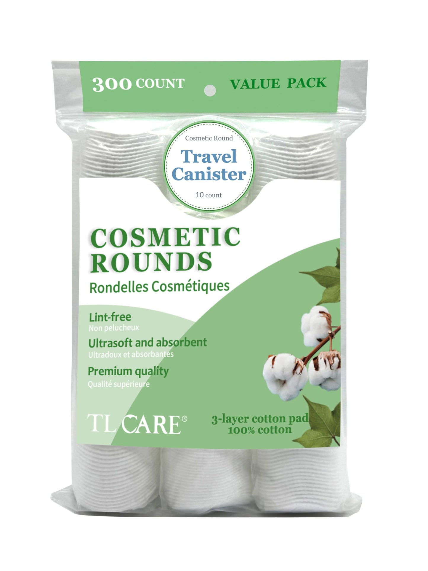 TL Care Cotton Rounds (300 Count) with Travel Canister - Lint-Free, Ultra Soft & Absorbent 3-Layer Cotton Pads for Face and Makeup Removal