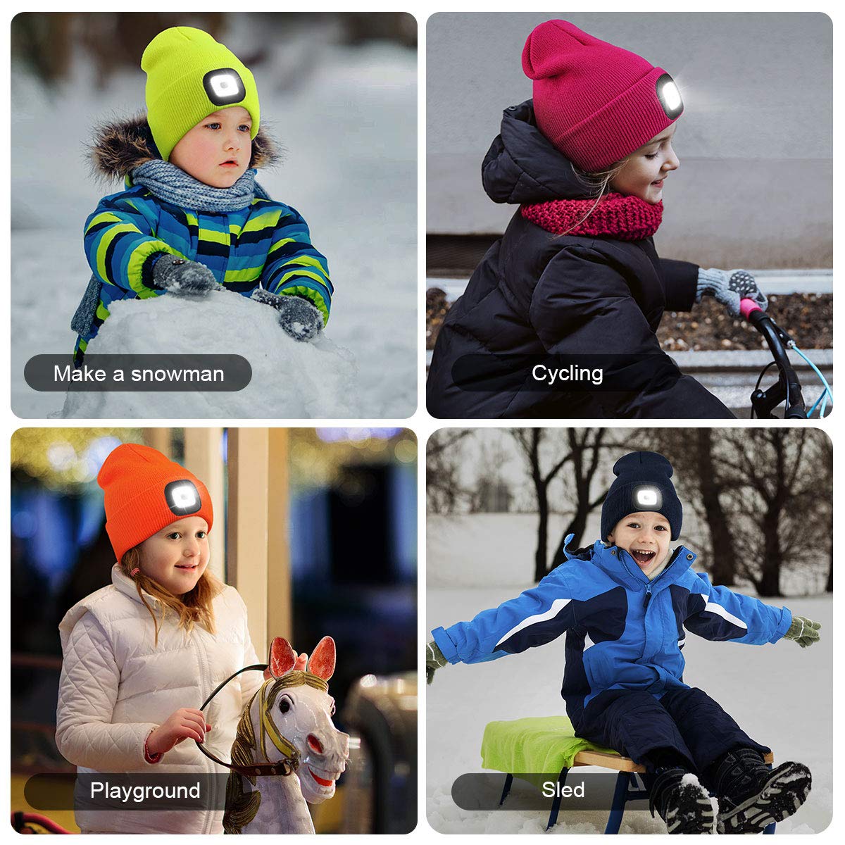 YunTuo Beanie with The Light for Kids, Unisex USB Rechargeable Headlamp Hat Winter Knitted Night Lighted Cap Flashlight, Gifts for Kids Boys Girls(Rose Red)