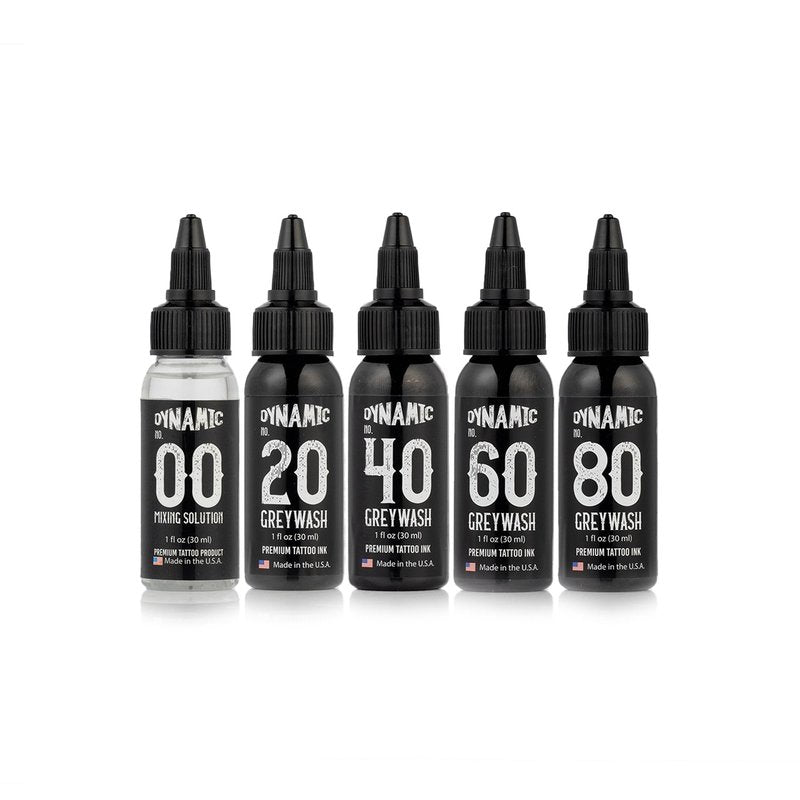Dynamic Color Co - Greywash Set, Premade Tattoo Greywash, Includes 4 Shades Plus Mixing Solution, 5 Bottle Set, Made in USA, Sterile, Hospital Grade Water, Vegan (1 Ounce Bottles)