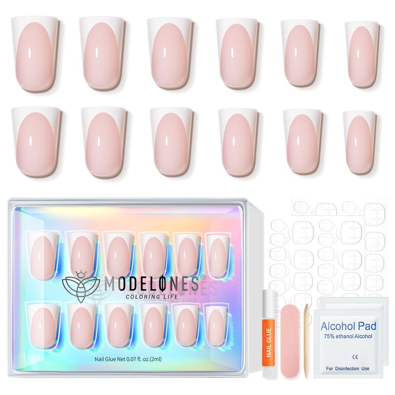 Modelones French Tip Press on Nails Short, Duck Fake Nails TIps, Reusable Nail Kit with Nail Glue Adhesive Tabs Mini Nail File, Nails Press Ons 30Pcs 15Sizes, Women Girl Gift