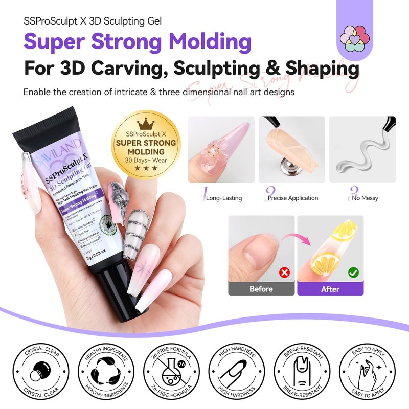 SAVILAND Clear 3D Nail Gel Set: 2PCS 15g No Wipe 3D Sculpting Gel for Nail Art Carving, Molding & Painting Sculpture Gels DIY Manicure Decoration Charms Home Salon