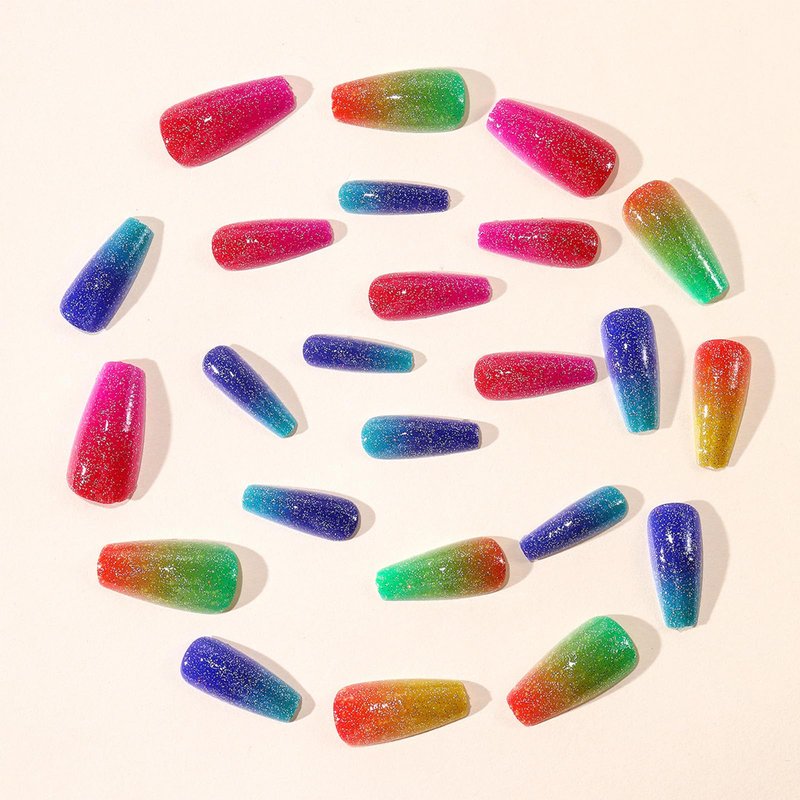 Rainbow Ombre Press on Nails Medium Coffin Fake Nails Colorful Gradient False Nails with Glitter Designs, 24Pcs Glossy Reusable Full Cover Stick on Nails for Women Summer Manicure