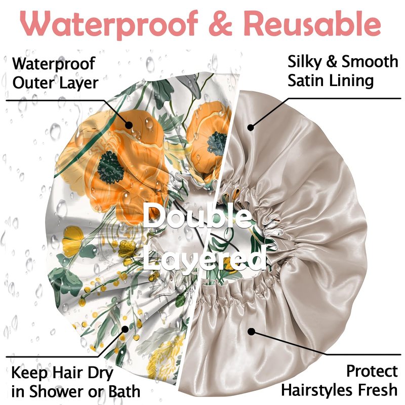 Cabreche Luxury Shower Cap Satin Silk Lined Adjustable Elastic Reusable Waterproof Shower Bath Cap Cute for Women Girls-Orange Flower