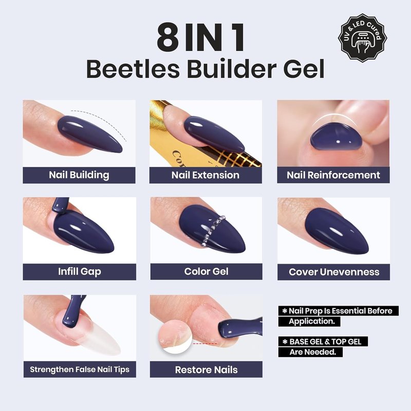 Beetles Builder Gel for Nails - Indigo Nocturne 0.5 oz | 8-in-1 Thickening & Strengthening Gel for DIY Salon Use