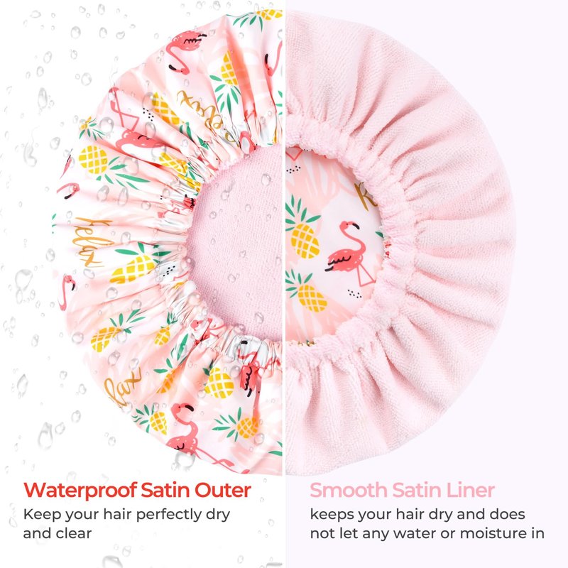 Shower Cap for Women Terry Lined Bath Cap Large Reusable Waterproof Elastic Band Pink Flamingo Shower Caps for Long Thick Hair Soft Bath Shower Hair Caps