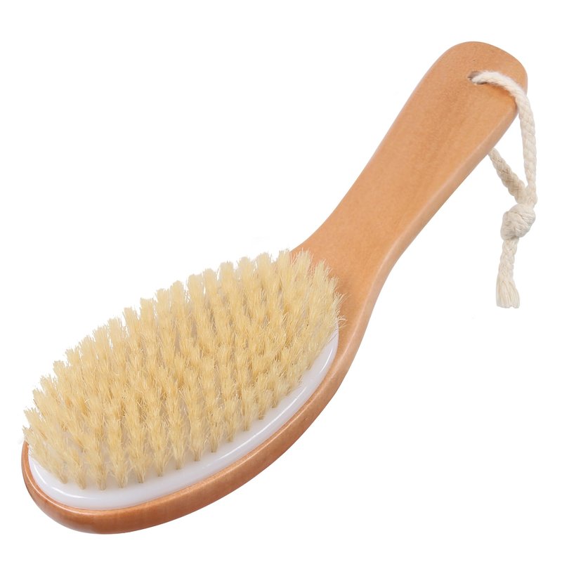 OWIIZI Dry Brushing Body Brush, Natural Boar Bristles Body Scrubber for Bath, Wooden Handle Lymphatic Drainage Brush for Skin Exfoliation and Foot Scrubbing
