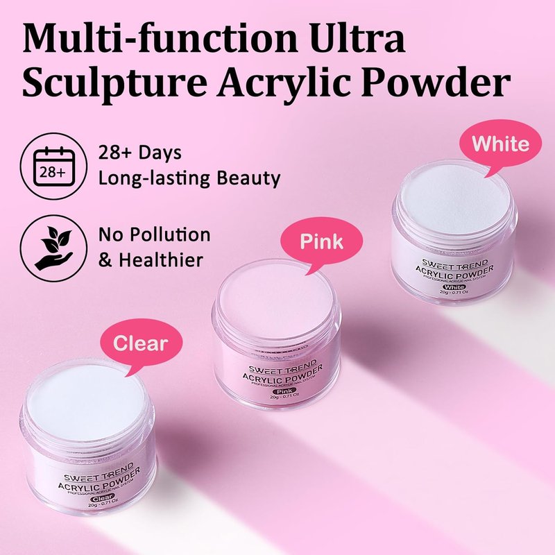 Skiennix Acrylic Nail Kit - 20g Clear White Pink Powder & Liquid Set for Beginners | Professional Tools for Home & Salon