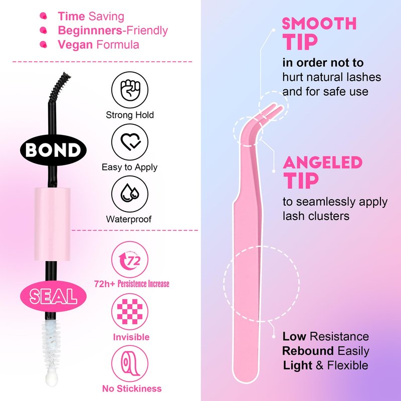 Pawotence Lash Extension Kit DIY 40D 12-18mm Individual Lashes Clusters Kit 280pcs Cluster Eyelash Extensions Kit with Lash Bond and Seal, Tweezers for Self Application (Long 40D, 12-18mm, Kit)