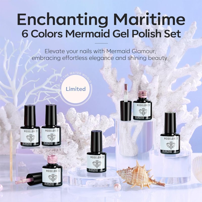 modelones Pearl Gel Nail Polish Set, 6 Colors 2026 Spring Summer Aurora Iridescent Shimmer White Pink Purple Blue Mermaid Nail Glitter Gel Polish LED Swirl Shell Effect with Dotting Pen DIY Gift