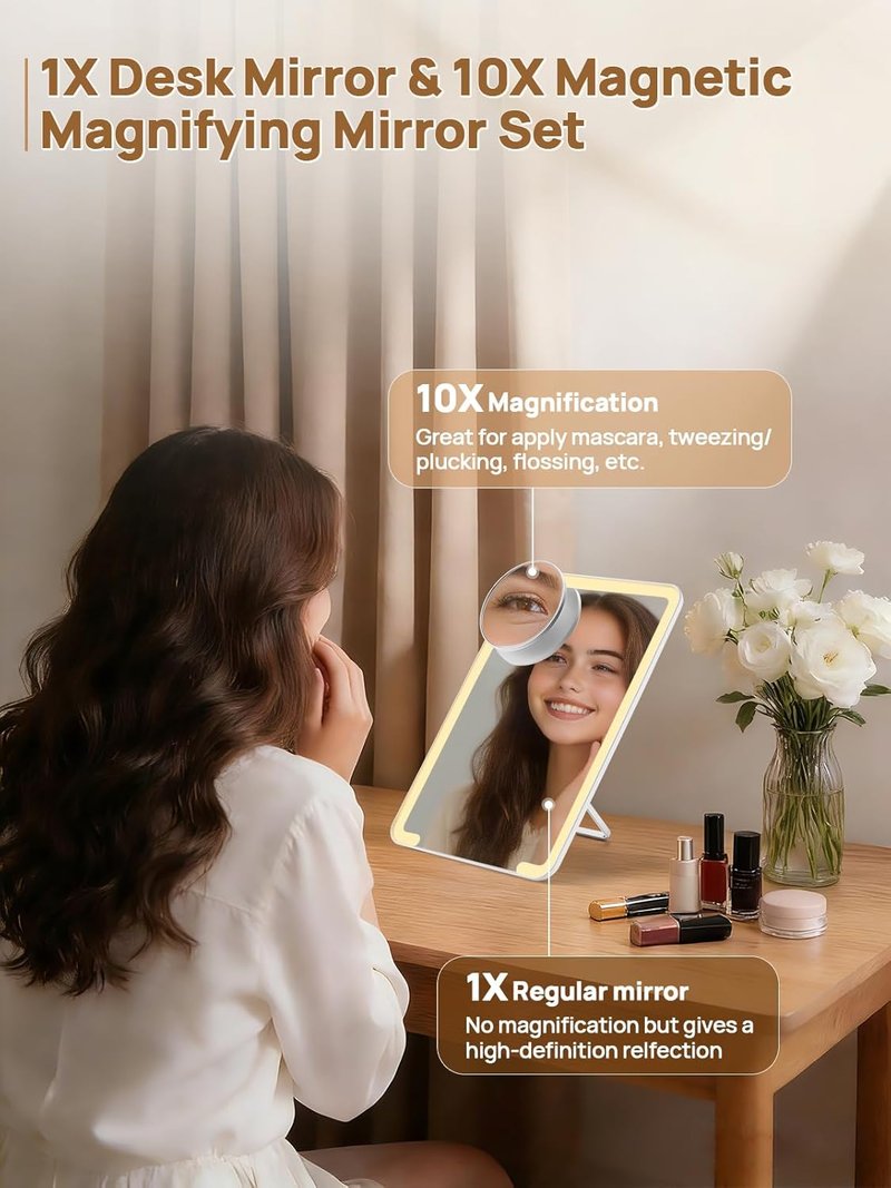 OMIRO Lighted Makeup Mirror with 10X Magnifying Mirror, 8 x 5 inches Desk Mirror with Adjustable Stand and 3 Lighting Modes for Shaving and Travelling, White