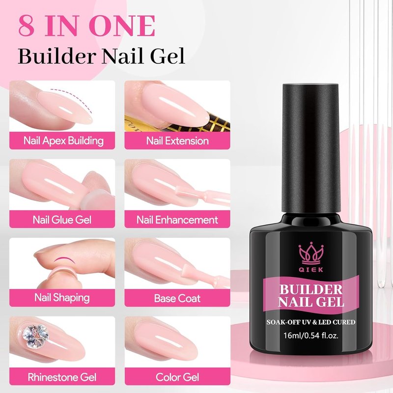 QIEK Gel Nail Polish Builder, 8-in-One Builder Pink Nail Polish Strengthener Glue Apex Enhancement Extension Hard Building Nude Gel LED Lamp Cured Rubber Base Coat for DIY Beginner & Salon Manicure