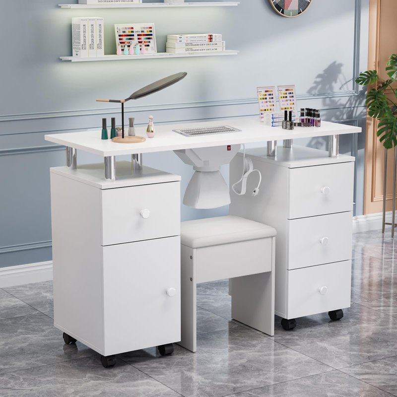 OmySalon Nail Desk and Chair Set, with Stool, Dust Collector, Arm Rest & Wheels, Acetone Resistant Desktop, Manicure Table Nail Table Station for Nail Tech w/Drawers Storage (White)