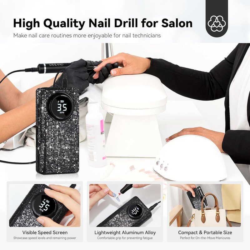 SAVILAND Electric Nail Drill - 35000RPM Portable Acrylic Nail File | Fast Removal & Long Battery Life