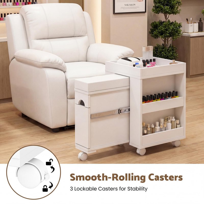 HolaiNail Pedicure Trolley Cart with Foot Rest, Wheels, Storage Shelves & Cabinet, Extendable Mobile Pedicure Foot Stool Stand Manicure Station for Nail Tech/Home Salon, 26.3" L