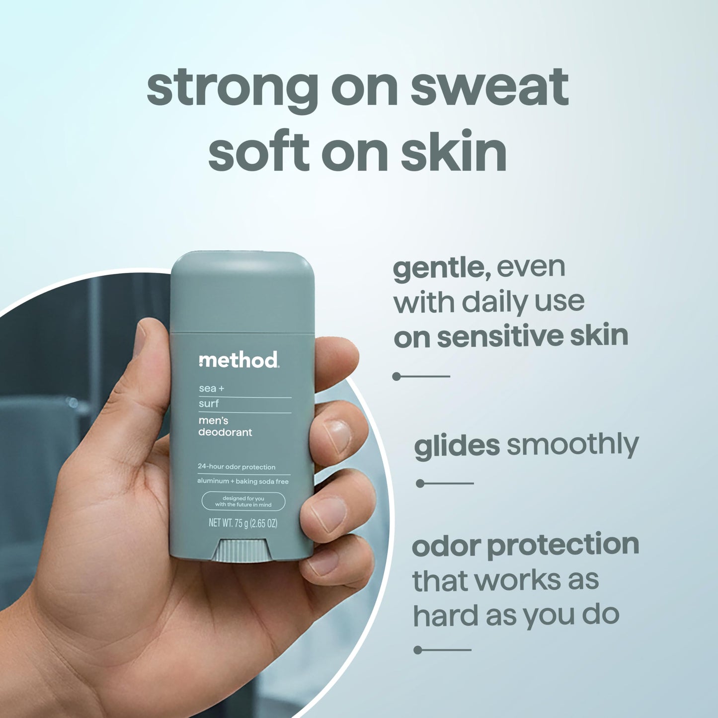method Men's Deodorant Stick, Sea + Surf - 24-Hour Odor Protection, Aluminum & Baking Soda Free, for Sensitive Skin, Leaves No Residue, 2.65 oz