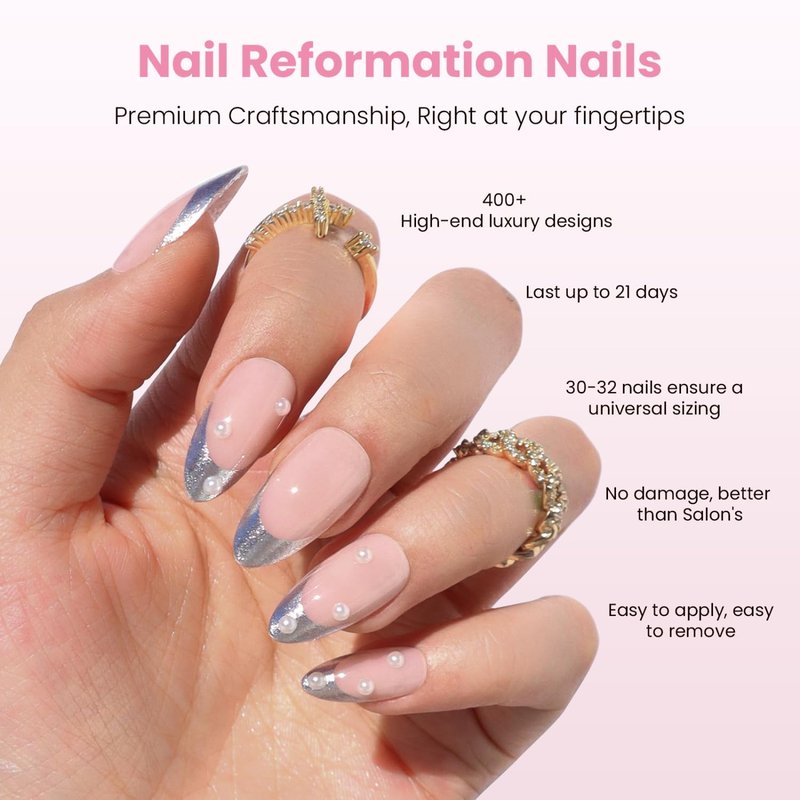 Nail Reformation Press On Nails, Beaded Clutch | Sheer Nude Medium Almond Fake Nails with Metallic Silver French Tip & Pearl, Reusable Stick On Nails in 15 Sizes - 30 False Nail Kit, Gifts for Women
