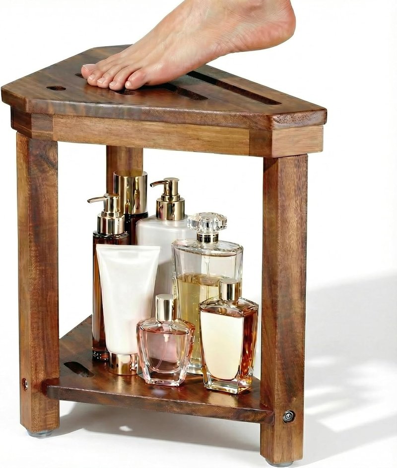 Acacia Wood Shower Stool - Waterproof Foot Rest with Storage Shelf | Ideal for Small Shower Spaces